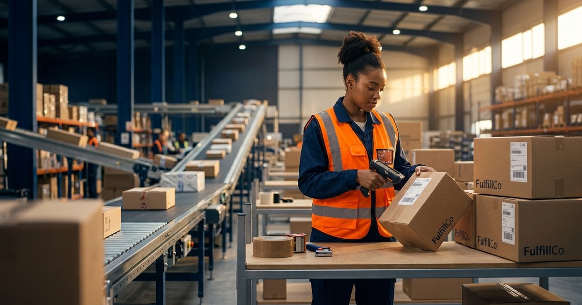 eCommerce fulfillment center: barcode-scan order picking and ready-to-ship parcels