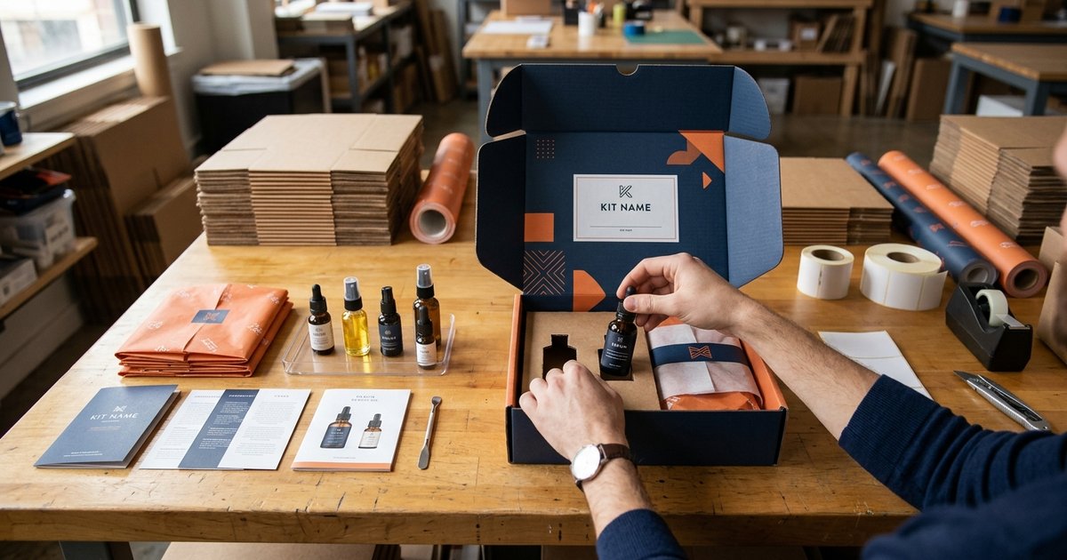 Kitting and assembly: top-down view of subscription box components staged for build