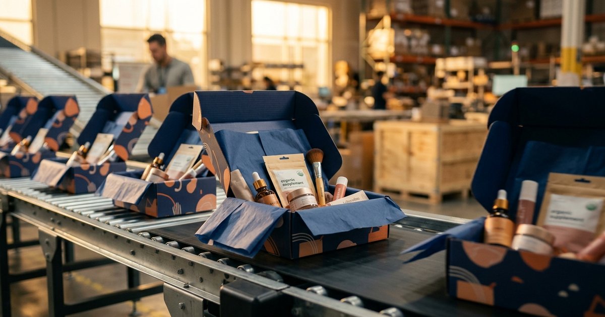 Subscription box fulfillment: row of curated boxes with branded packaging on assembly line